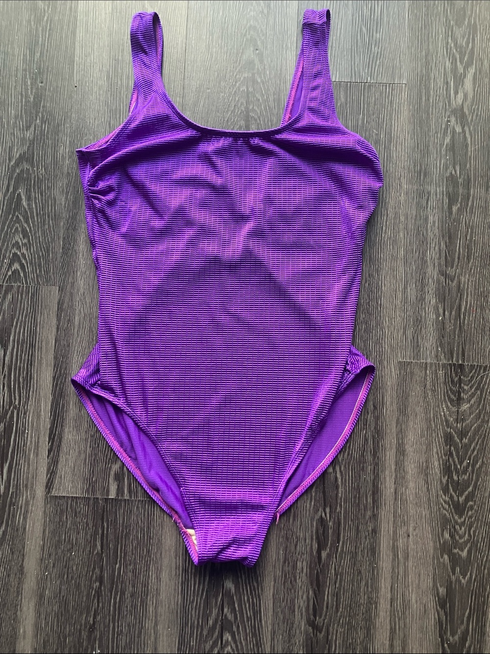 Vintage 90s Monochrome Bright Shiny Purple One Piece Textured Ribbed Swimsuit